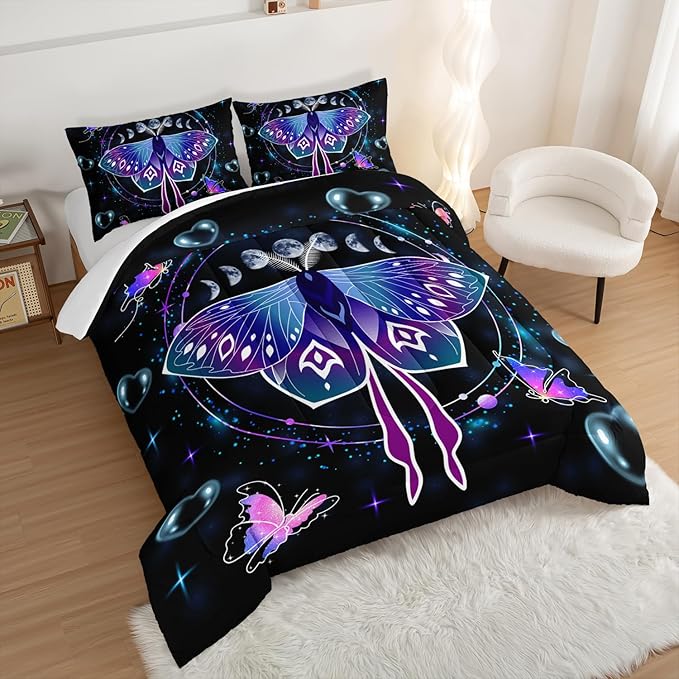 HOSIMA Butterfly Comforter Set with 2 Pillowcases,Moon Starry Sky Galaxy Comforter Butterfly Room Decor Aesthetics,Blue Heart -Shaped Bubble Queen Comforter Set for Adults Kids Black Comforter.