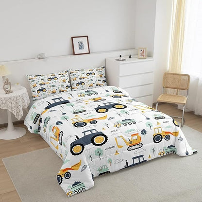 Cartoon Cars Kids Comforter Set Tractor Boys Comforter Cute Excavator Decor Kawaii Soft Bedding Set Cartoon Trees Cars Colorful All Season Quilt Room 3Pcs Full Size Boys