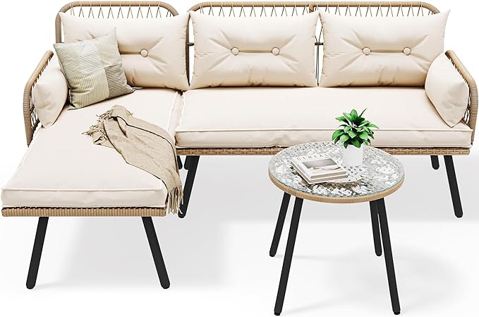 YITAHOME L-Shaped Patio Furniture Outdoor Loveseat Sectional Set for Backyard, Porch with Thick Cushions Detachable Lounger, Side Table (Light Brown+Beige)