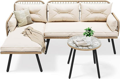 YITAHOME L-Shaped Patio Furniture Outdoor Loveseat Sectional Set for Backyard, Porch with Thick Cushions Detachable Lounger, Side Table (Light Brown+Beige)