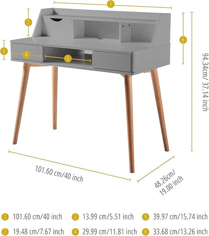 Teamson Home Creativo Writing Study Computer Desk with Solid Wood Legs, Storage Drawers and Open Shelves Hutch for Home Office Living Room Reading Bedroom, 37 inch Height, Gray