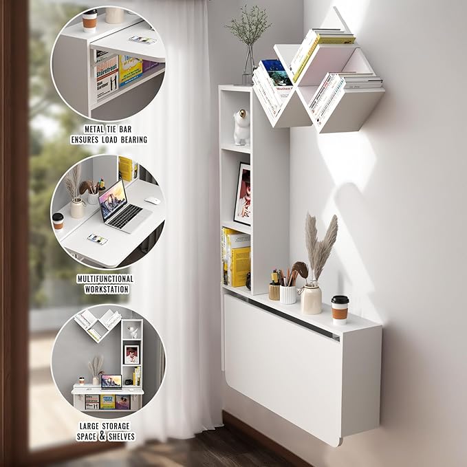 Folding Wall Mounted Drop Leaf Table, Foldable Desk with Moveable Cabinets, Floating Laptop with Convertible Storage Shelves, Multifunctional Computer Workstation in Home for Space Saving