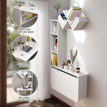 Folding Wall Mounted Drop Leaf Table, Foldable Desk with Moveable Cabinets, Floating Laptop with Convertible Storage Shelves, Multifunctional Computer Workstation in Home for Space Saving