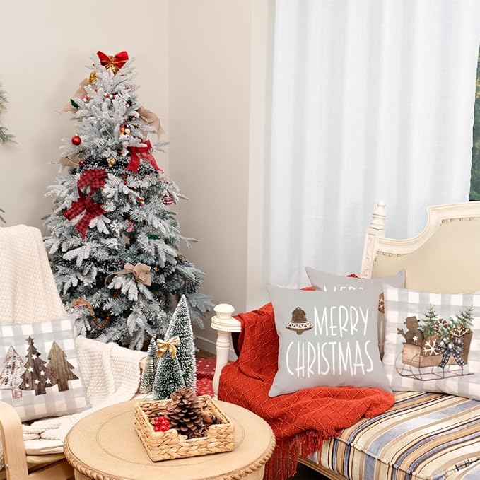 GEEORY Christmas Pillow Covers 18 x 18 Inch Set of 4, Buffalo Plaid Wooden Tree Snow Sleigh Merry Xmas Holiday Decor Decorative Throw Cushion Cases Decoration for Home Party Sofa Couch (Beige)