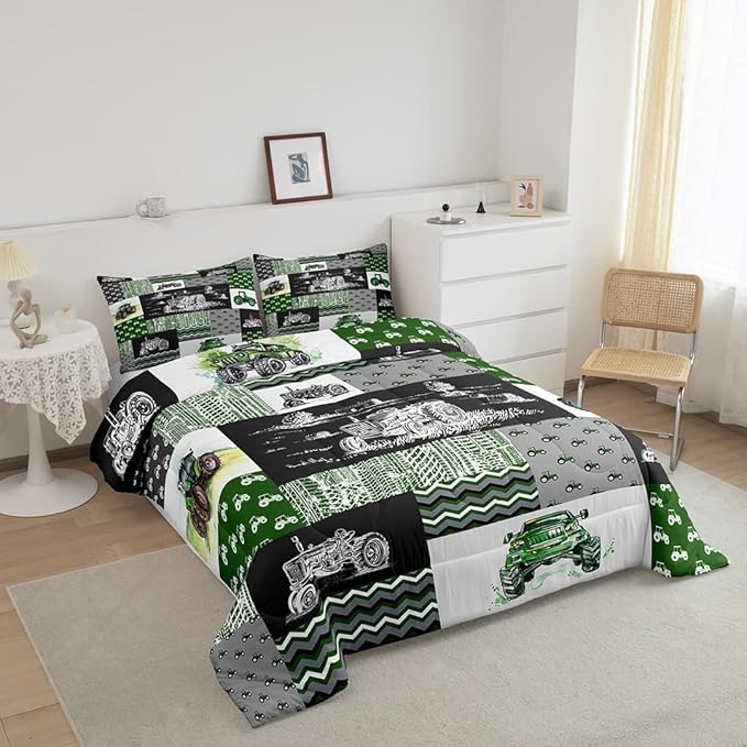 Equipment Trucks Comforter Set Queen, Tractor Down Comforter, Green Vehicle Duvet Set for Child Kids Child Boys Teens Construction Excavator Construction Site Car Quilt Set for Bedroom Decor Gift