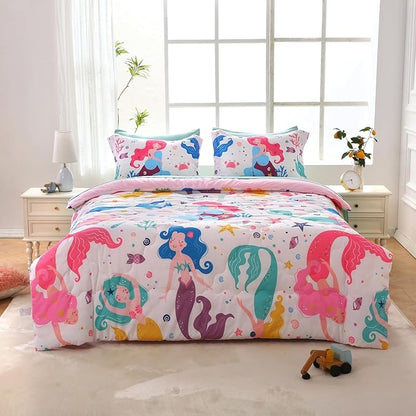 Wajade Kids Mermaids Comforter Set Bed in A Bag Twin Size 7 Piece Colorful 3D Cartoon Mermaids Bedding Set for Girls (1 Comforter, 1 Flat Sheet, 1 Fitted Sheet, 2 Pillowcase and 2 Pillow Sham)