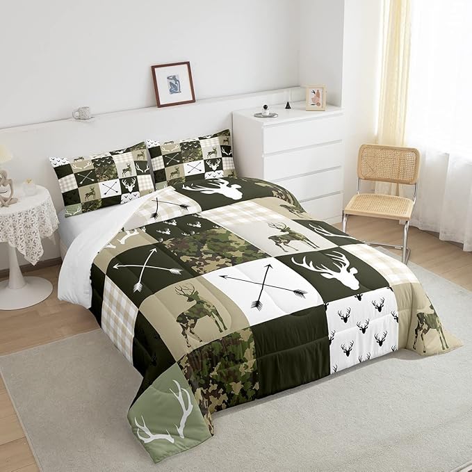 Camo Deer Kids Comforter Set Full Size,Deer Antlers Rustic Hunting Arrows Bedding Set,Girls Boys Adults Cabin Decor,Geometric Plaids Patchwork Down Comforter,Camo Country Duvet Insert,2 Pillowcases