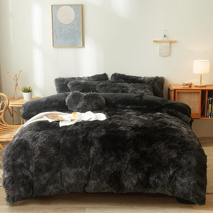 Tie dye Black Plush Fluffy Comforter Cover Set Queen - Ultra Soft Faux Fur tie dye Bedding Sets 3 Pieces (1 Shaggy Duvet Cover + 2 Pillow case) Black Fluffy Bed Set (Tie Dye Black, Queen)