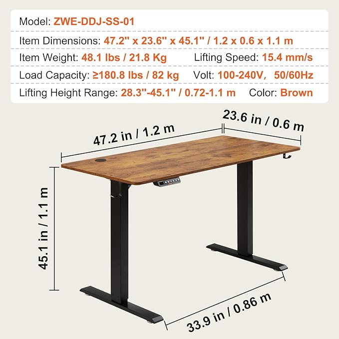 VEVOR Height Adjustable Desk, 47.2 x 23.6 in, 3-Key Modes Electric Standing Desk, Whole Piece Desk Board, Sturdy Dual Metal Frame, Max. Loading 180 LBS Computer Sit Stand up Desk, for Home and Office