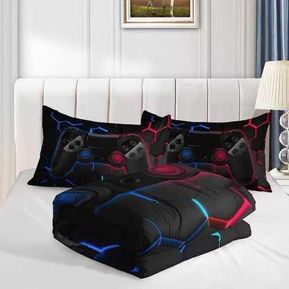 Axolotl Gamer Comforter Sets Twin,Geometric Honeycomb Gaming Bedding Sets,Video Games Comforter,Gaming Bedding Set,Game Console Comforter Set for Kids Boys Girls Teens,1 Quilt 2 Pillowcases,Blue Red
