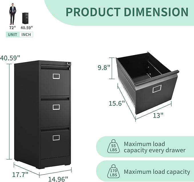 3 Drawer File Cabinet, Metal Vertical File Cabinets with Lock for Home Office, Office Steel Filing Cabinet for Hanging Files for A4/ Legal/Letter,Assembly Required (Black)
