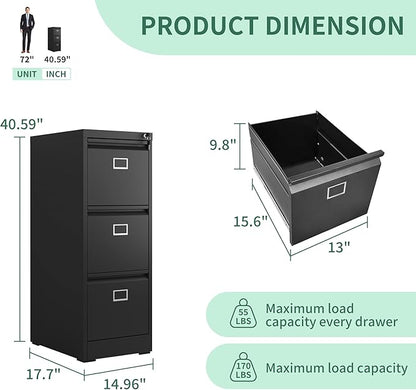 3 Drawer File Cabinet, Metal Vertical File Cabinets with Lock for Home Office, Office Steel Filing Cabinet for Hanging Files for A4/ Legal/Letter,Assembly Required (Black)