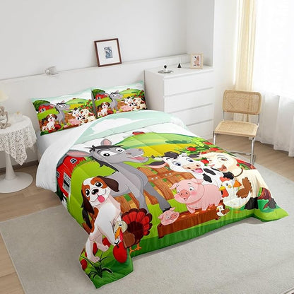 Cute Farm Animals Bedding Set Kids Cartoon Pig Dog Cow Horse Comforter Set for Boys Girls Teens Nature Country Style Comforter Farmhouse Rustic Duvet Set Colorful Bedroom Decor Quilt Set Queen Size