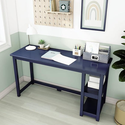 Max & Lily Solid Wood Desk With Shelves, 55 Inches, Blue