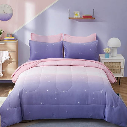 Girls Comforter Set Queen Size 7 Pieces Bed in A Bag Ombre Pink Purple Rainbow Bedding Set Collections for Teen Women (1 Comforter, 1 Flat Sheet, 1 Fitted Sheet, 2 Pillow shams, 2 Pillowcases)