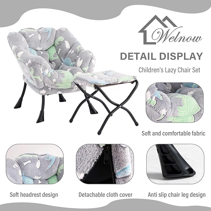 Welnow Toddler Kids Lazy Chair with Ottoman, Glow in The Dark Accent Comfy Lounge Children Armchair Couch with Removable Cover, Detachable Reading Chair with Footrest for Boy or Girl, Grey Dinosaur