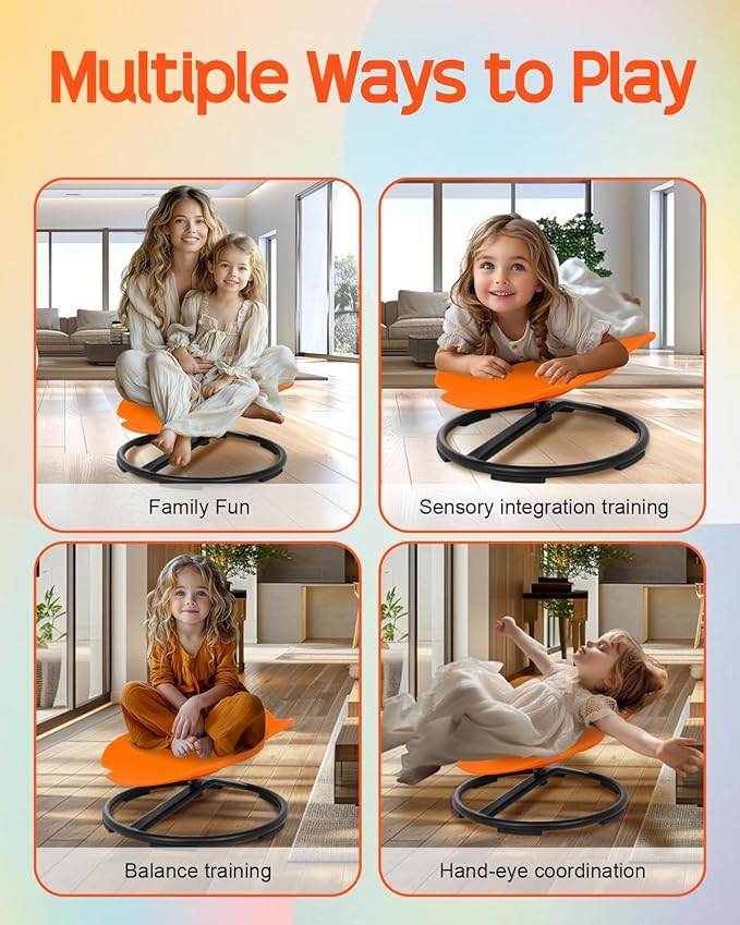 Autism Kids Swivel Chair Sensory Products, Sit and Spin Spinning Chair Carousel Spin Sensory Chair, Kids Body Coordination Training,Sensory Toy Chair for Kids 2-10 Orange