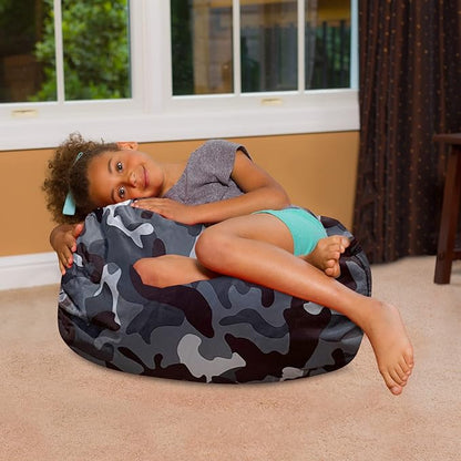 Posh Creations Bean Bag Chair for Kids, Teens, and Adults Includes Removable and Machine Washable Cover, Soft Nylon - Camo Dark and Black Gray, 27in - Medium