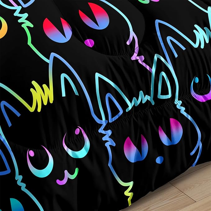 Cat Comforter Set for Girls Room - Colorful Cartoon Cats Bedding Set for Girls Bedroom Girls Room Decor Ultra Soft Cats Comforter Set for All-Season with 1 Comforter and 2 Pillowcases, Queen Size