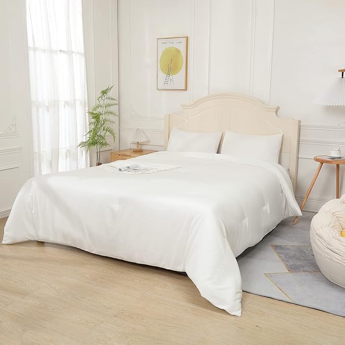 White Comforter for Queen Size Bed, Full Modern Bedding Set for Women/Men, Cute Soft & Lightweight Chic Microfiber Bed Sets, 3 pcs-1 Comforter & 2 Pillowcases (90"x90")