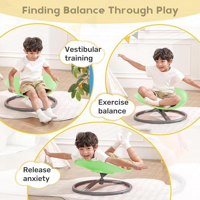 Autism Kids Swivel Chair,Sit and Spin Chair for Kids,ADHD Sensory Integration Therapy,Training Body Coordination,Wobble Disk for Toddlers,Improve Focus,Metal Base Non Slip Safer（Green）