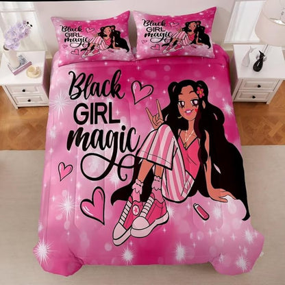 Black Girl Comforter Set Queen for Kids,Black Girl Magic Bedding Set,Cuet Black Princess Girl Comforter Black Queen Melanin Bedroom Bed Set