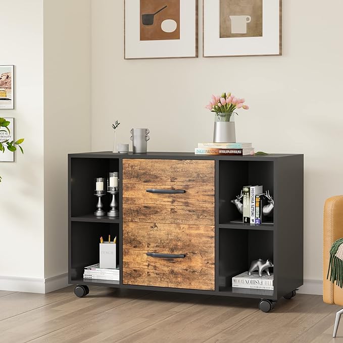 sogesfurniture Mobile Lateral Filing Cabinet with 2 Drawers,Lateral Office Cabinet Printer Stand, Multifunctional Storage Cabinet with Open Shelves and Castors for Home & Office (Brown)