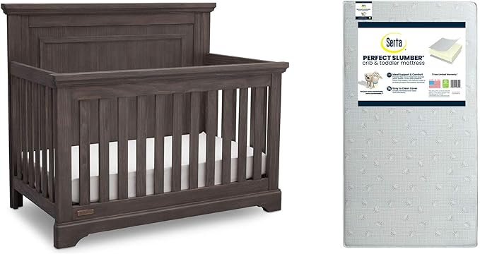 Simmons Kids SlumberTime Paloma 4-in-1 Convertible Crib, Rustic Grey + Serta Perfect Slumber Dual Sided Recycled Fiber Core Crib and Toddler Mattress (Bundle)