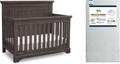 Simmons Kids SlumberTime Paloma 4-in-1 Convertible Crib, Rustic Grey + Serta Perfect Slumber Dual Sided Recycled Fiber Core Crib and Toddler Mattress (Bundle)