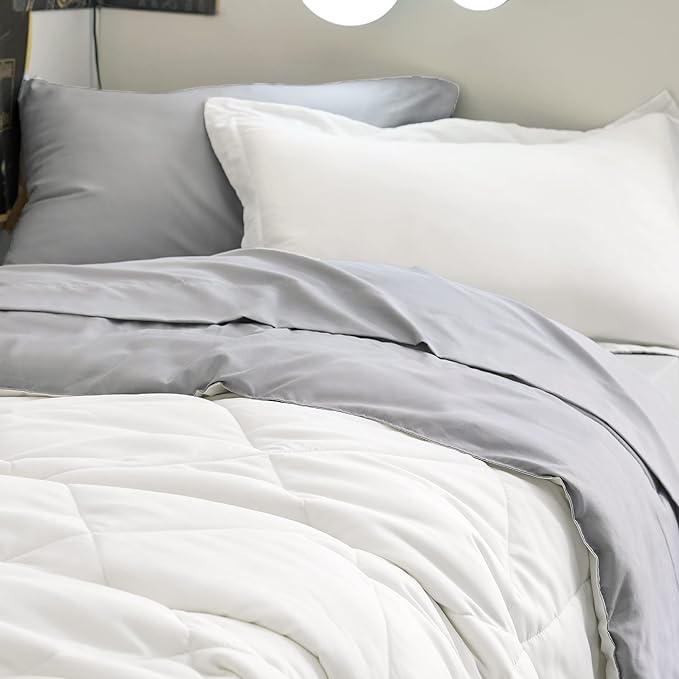 Bedsure White Twin XL Comforter Sets - 5 Pieces Reversible White Twin XL Bedding Sets with Comforters, Sheets, Pillowcase & Sham, Twin XL Bed Sets for College