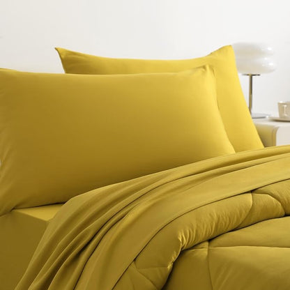 NTBAY Twin Comforter Set with Sheets, 5 Pieces Soft and Breathable Twin Bedding Set, Twin Bed in a Bag, Down Alternative Comforter Set Solid Color All Season, Kids Bedding Set, Yellow