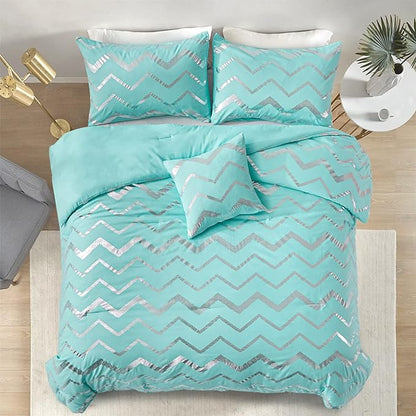 Aqua Comforter Set Twin Size, Metallic Teal and Silver Bedding Set, 3 Piece Lightweight Microfiber Comforter for Teen Girls Boys Women (1 Pillow Case + 1 Decorative Pillow Sham)