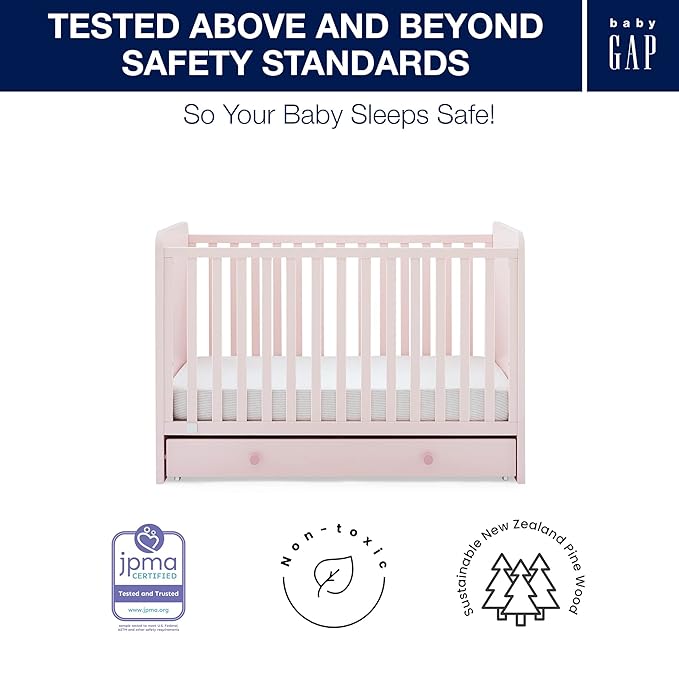 babyGap by Delta Children Graham 4-in-1 Convertible Crib with Storage Drawer TrueSleep Crib and Toddler Mattress (Bundle), Blush Pink/Dark Pink