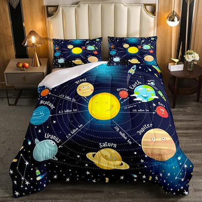 Erosebridal Outer Space Comforter Set Starry Sky Bedding Set King Size for Kids Boys Girls Room Galaxy Planet Space Duvet Sets Solar System Cartoon Down Comforter 3 Pieces with 2 Pillow Cases, Blue