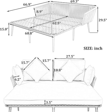 Patio Daybed Set for 2, Outdoor Furniture All-Weather Sofa Sunbed with Adjustable Iron Feet, Woven Nylon Rope Backrest, Washable Cushions and Pillows, for Balcony, Poolside, Gray