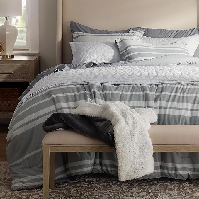 Bedsure Queen Comforter Set 7 Pieces, Grey White Striped Comforter for Queen Size Bed Reversible, Cationic Dyeing Bed in a Bag with Comforter, Sheets, Pillowcases & Shams