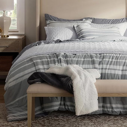 Bedsure Queen Comforter Set 7 Pieces, Grey White Striped Comforter for Queen Size Bed Reversible, Cationic Dyeing Bed in a Bag with Comforter, Sheets, Pillowcases & Shams