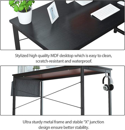 Foxemart Computer Desk 47" Office Desks Writing Study Desk Modern Simple PC Laptop Notebook Table with Storage Bag and Iron Hook for Home Office Workstation, Black