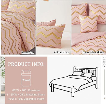 Pink Comforter Set Twin Size, Metallic Blush and Rose Gold Bedding Set, 3 Piece Lightweight Microfiber Comforter for Teen Girls Women (1 Pillow Sham + 1 Decorative Pillow Sham)