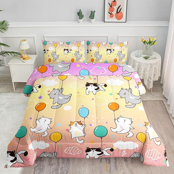 Datura home Kids Comforter Set Cute Cats Printed Pattern Bedding Set with 1 Comforter and 2 Pillowcases for Girls Boys Bedroom All Season(Cat1 Full)