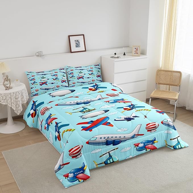 Feelyou Kids Aircraft Comforter Set Boys Cartoon Airplane Print Comforter Helicopter Flying Plane Bedding Set for Girls Travel Decor Duvet Set Cute Colorful Planes Room Decor King Size Quilt Boys