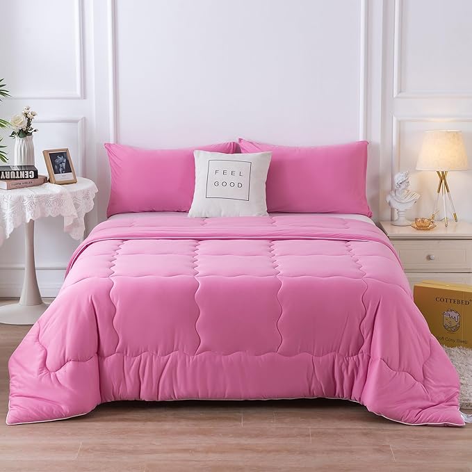 COTTEBED Rose Pink Comforter Queen Size, Jersey Knit T-Shirt Feel Ultra-Soft Cute Cozy Durable Lightweight Bedding Blanket Down Conforter Set and Pillowcase for Women Girl All Season Use Full/Queen