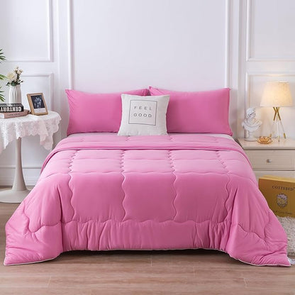 COTTEBED Rose Pink Comforter Queen Size, Jersey Knit T-Shirt Feel Ultra-Soft Cute Cozy Durable Lightweight Bedding Blanket Down Conforter Set and Pillowcase for Women Girl All Season Use Full/Queen