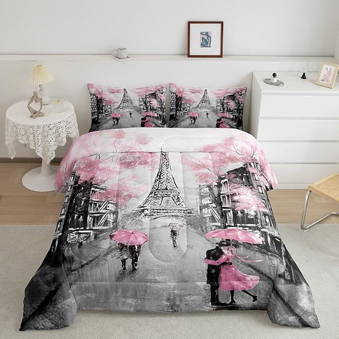Paris Comforter Set French Eiffel Tower Bedding Sets Twin for Girls Kids Women Paris Themed Bedroom Decor Watercolor Cherry Blossoms Comforter Couple Retro Gray Building Quilted Duvet Pink Grey 2 Pcs