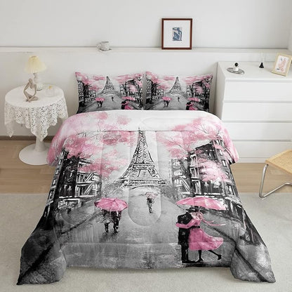 Paris Comforter Set French Eiffel Tower Bedding Sets Twin for Girls Kids Women Paris Themed Bedroom Decor Watercolor Cherry Blossoms Comforter Couple Retro Gray Building Quilted Duvet Pink Grey 2 Pcs
