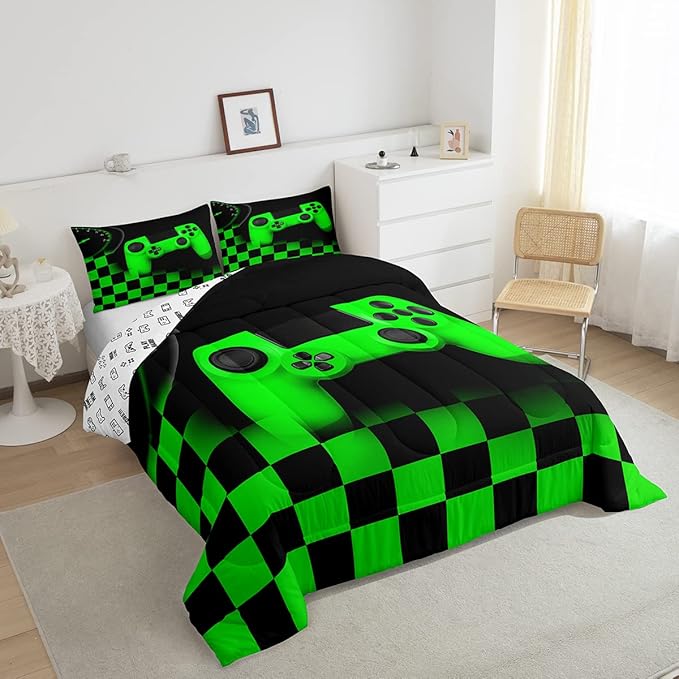 Gaming Bedding Set Queen Size Game Comforter Set for Boys Girls Kids Teens Soft Microfiber Green Modern Buttons Video Game Duvet Insert Gamer Room Decorative 3 Piece Bedding Set with 2 Pillow Shams