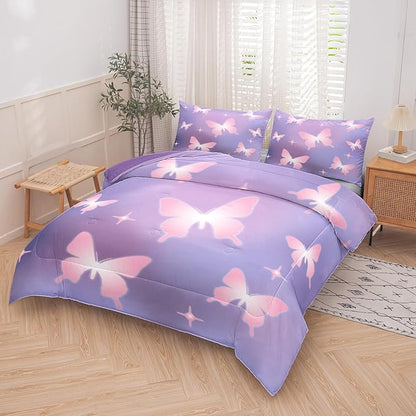 Tailor Shop Butterfly Comforter Sets Twin Size,Purple Pink Butterfly Bedding Sets for Girls Kids Teens with 1 Pillowcase…