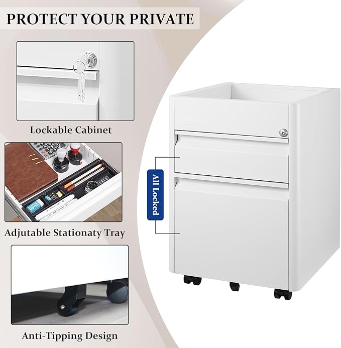2 Drawer Mobile File Cabinet Top Storage Shelf, Rolling Metal Filing Cabinet for Legal & Letter File Anti-tilt Design with Lock Under Desk Office Drawers Fully Assembled Except Casters(Top ST W)