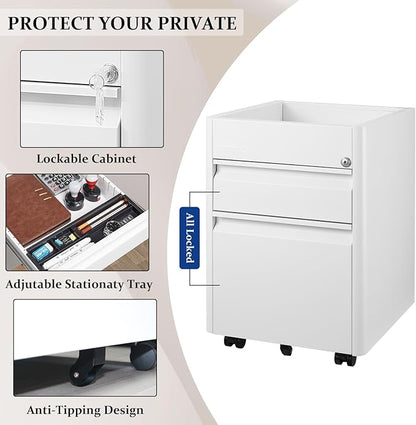 2 Drawer Mobile File Cabinet Top Storage Shelf, Rolling Metal Filing Cabinet for Legal & Letter File Anti-tilt Design with Lock Under Desk Office Drawers Fully Assembled Except Casters(Top ST W)