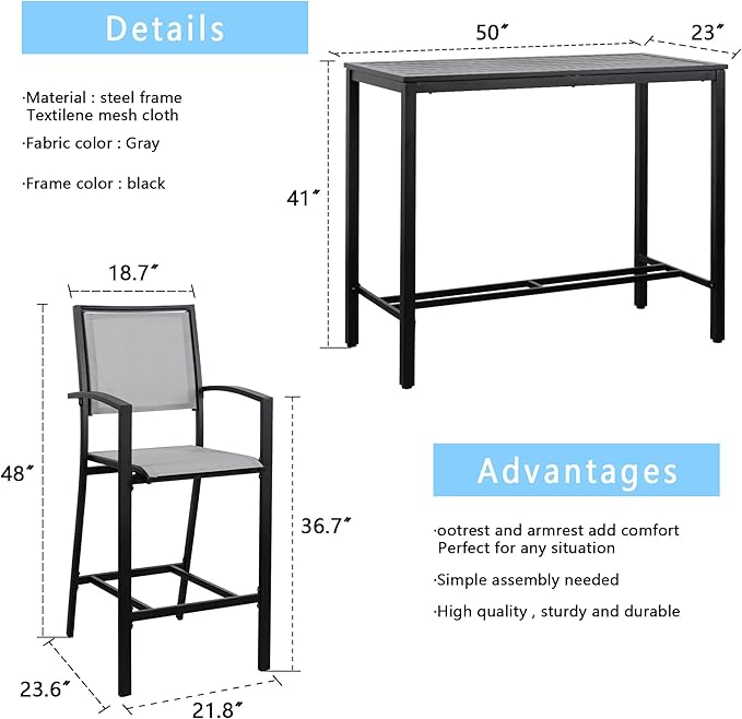 Shintenchi Patio Dining Sets, All Weather Textile Fabric Outdoor High Stool Bistro Set with 4 Bar Chairs and High Glass Table for Home, Backyard, Garden, Lawn, Porch, 5 Pieces